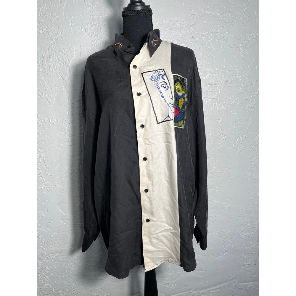 Goouch 100% Silk Embroidered Art Shirt Men's M Black White Vintage NWT